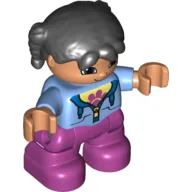 Duplo Figure Child with Pigtails Black, with Magenta Legs, Jacket over Light Yellow Shirt with Paw Print / Medium Blue