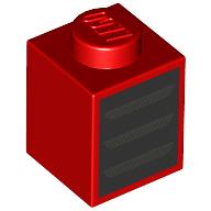 Lego Brick 1 x 1 with Black Square/Grill, Silver Lines print / Red