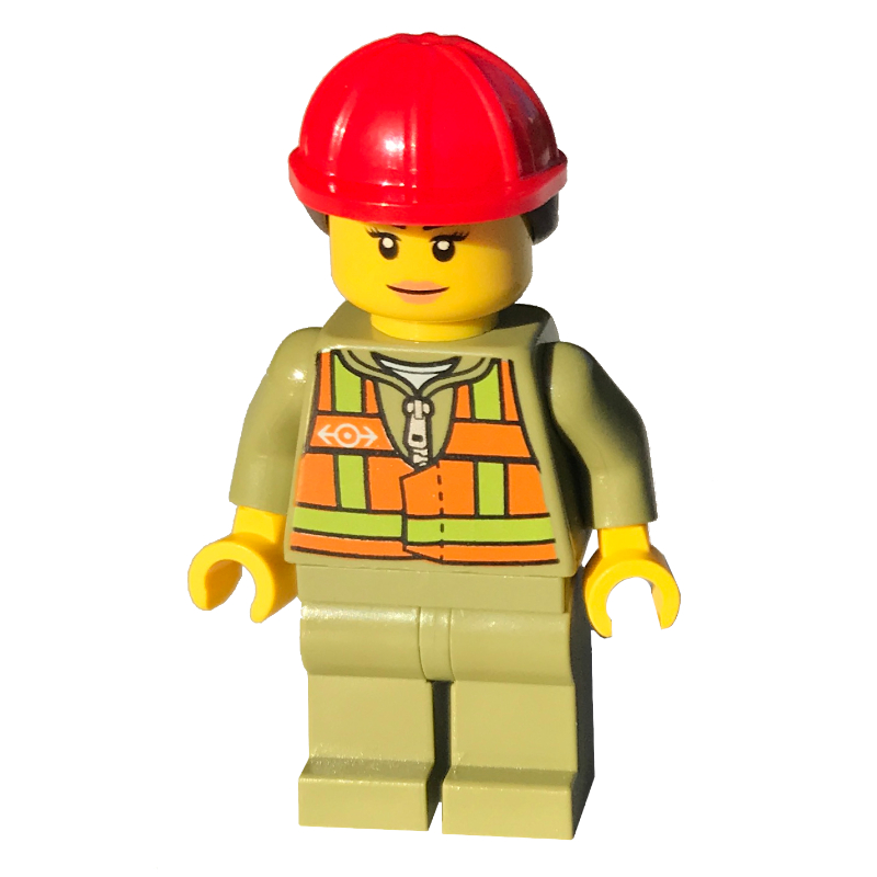 Lego Train Driver - Orange Vest, Olive Green Legs, Red Helmet, Female