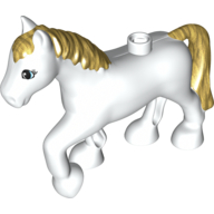 Lego Duplo Animal Horse with one Stud and Raised Hoof with Eyelashes and Gold Mane and Tail Print / White