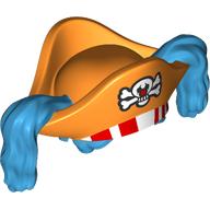 Lego Hair and Hat, Pirate with Dark Azure Ponytails and White Skull and Bones Print / Orange