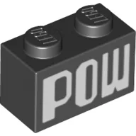 Brick 1 x 2 with White 'POW' Print / Black