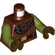 Lego Torso, Dark Brown Scarf, Belt, Gold Belt Buckle print, Olive Green Arms, Reddish Brown Hands / Reddish Brown