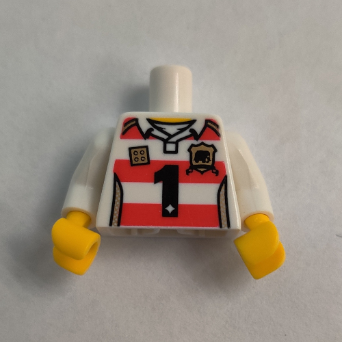 Lego Torso Horizontal Red Stripes with Black '1' and Golden Brick and Shield Print, White Arms, Yellow Hands / White