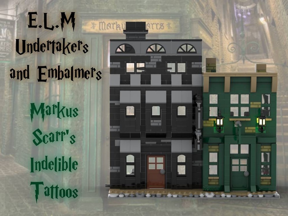 Lego Knockturn Alley: ELM Undertakers and Embalmers & Markus Scarr's Indelible Tattoos