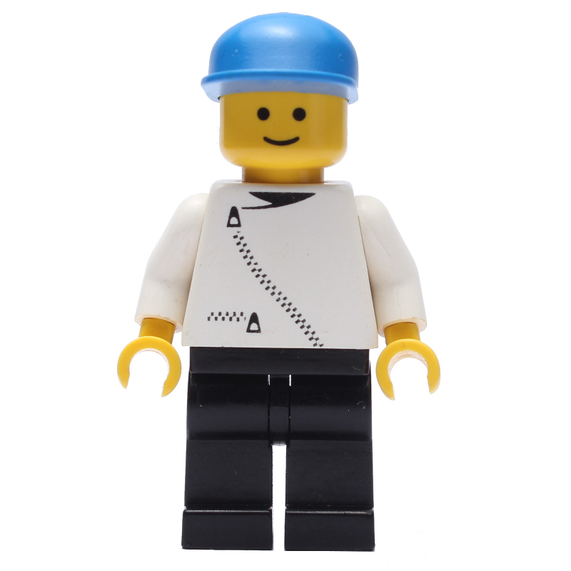 Lego Man, White Jacket with Zipper, Black Legs, Blue Cap