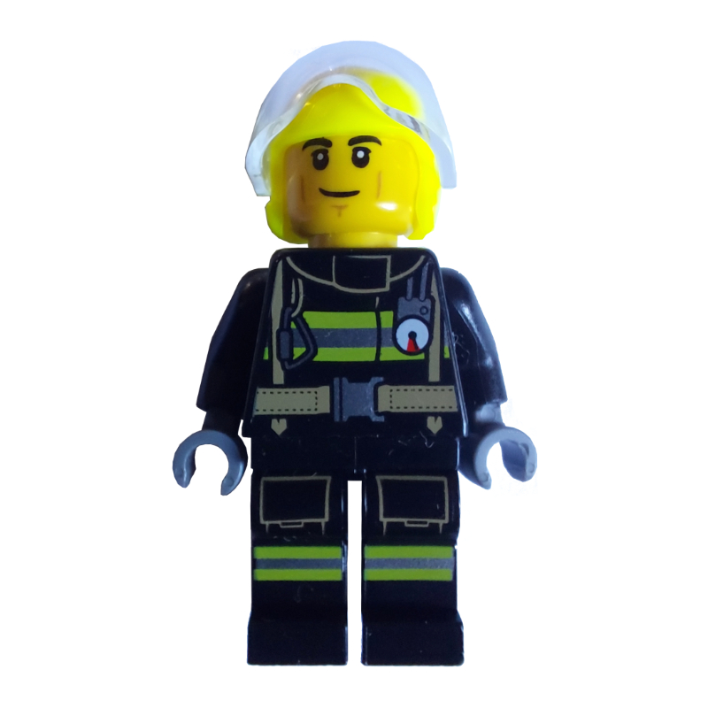 Lego Firefighter, Black Fire Suit, Vibrant Yellow Helmet