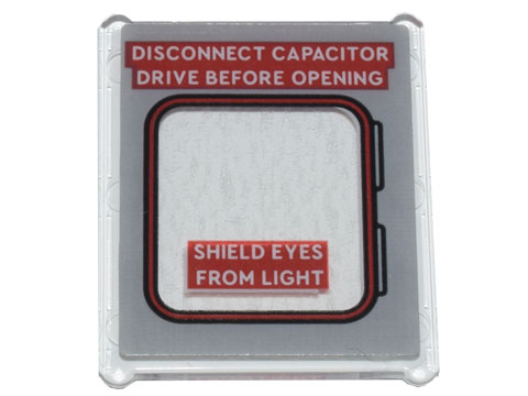 Lego Glass for Window 1 x 3 x 3 Flat Front with Flux Capacitor Door and Red 'DISCONNECT CAPACITOR DRIVE BEFORE OPENING' and 'SHIELD EYES FROM LIGHT' Pattern (Sticker) - Set 10300