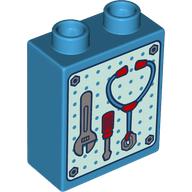 Lego Duplo Brick 1 x 2 x 2 with Tool Rack, Wrench, Screwdriver, Stethoscope print / Dark Azure