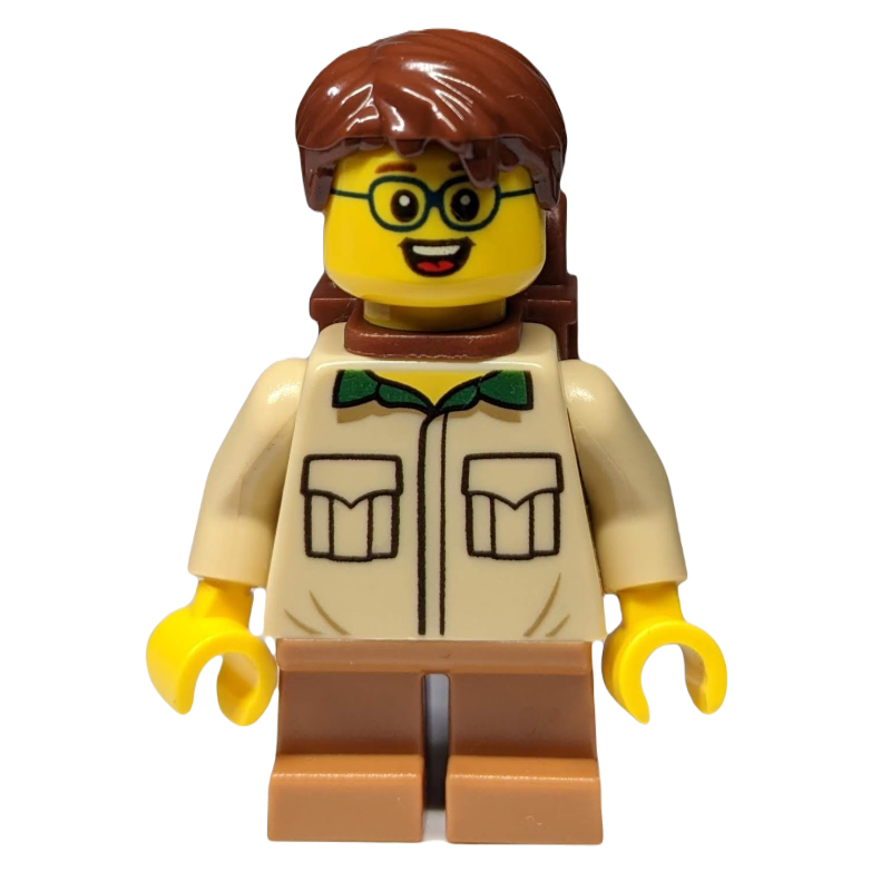 Lego Boy, Tan Shirt, Short Medium Nougat Legs, Reddish Brown Hair, Backpack, Glasses