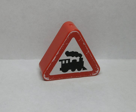 Lego Duplo, Brick 1 x 3 x 2 Triangle Road Sign with Steam Engine Pattern (Sticker) - Set 9211