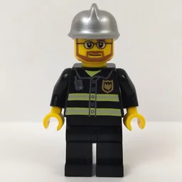 Fireman, Black Fire Jacket with Reflective Stripes, Radio, and Badge, Silver Helmet, Beard and Glasses