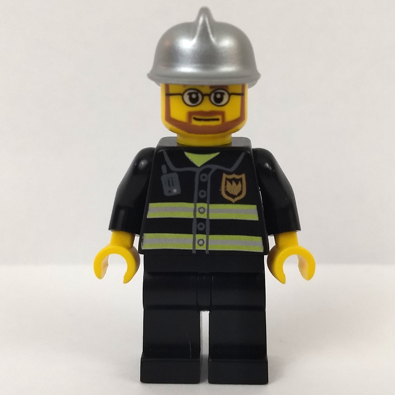Lego Fireman, Black Fire Jacket with Reflective Stripes, Radio, and Badge, Silver Helmet, Beard and Glasses