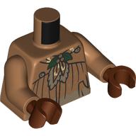 Lego Torso, Dress/Robe, Dark Tan Stains, Tied Bow with Bright Light Yellow Sport, Dark Green Leaves print, Medium Nougat Arms, Reddish Brown Hands / Medium Nougat