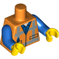 Lego Torso Safety Vest with Reflective Crossed Stripes over Blue Shirt Print, Blue Arms, Yellow Hands / Orange