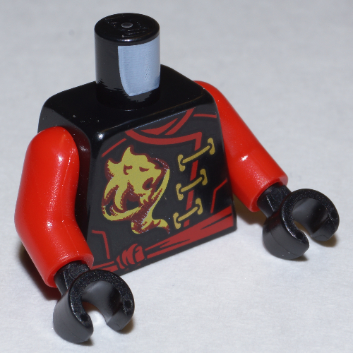 Lego Torso Robe with Red Trim and Sash Belt, and Gold Clasps and Lion Head Emblem Print (Kai), Red Arms, Black Hands / Black