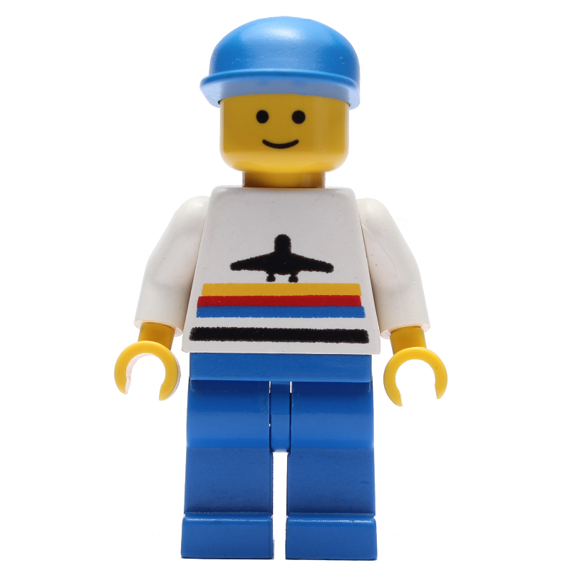 Lego Man, White Shirt with Airplane, Blue Legs, Blue Cap