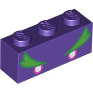 Lego Brick 1 x 3 with White/Dark Pink Eyes, Green/Bright Green Eyebrows print / Dark Purple