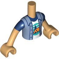 Lego Minidoll Torso Boy with Sand Blue Jacket, Orange Tent, Dark Blue Trees, Dark Turquoise Sky, Ground print, Warm Tan Arms and Hands / Warm Tan