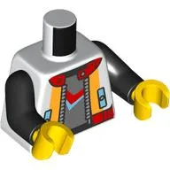 Torso, Jacket, Orange Trim, Red Collar, Zipper, Dark Bluish Grey Shirt, Medium Azure and Red Symbol Print, Black Arms, Yellow Hands