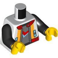 Lego Torso, Jacket, Orange Trim, Red Collar, Zipper, Dark Bluish Grey Shirt, Medium Azure/Red Symbol print, Black Arms, Yellow Hands / White