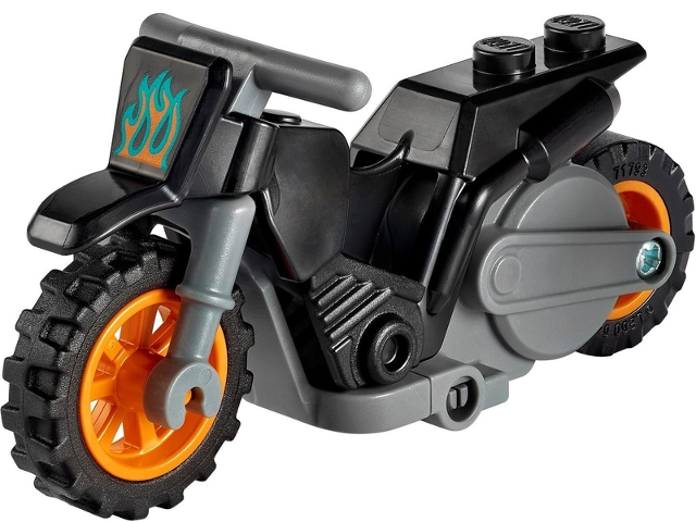 Lego Stuntz Flywheel Motorcycle Dirt Bike with Dark Bluish Gray Frame, Orange Wheels, and Dark Bluish Gray Handlebars with Dark Turquoise and Orange Flames Pattern