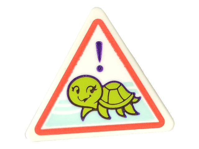 Lego Road Sign 2 x 2 Triangle with Open O Clip with Lime Turtle and Exclamation Mark with Coral Border Pattern (Sticker) - Set 41697