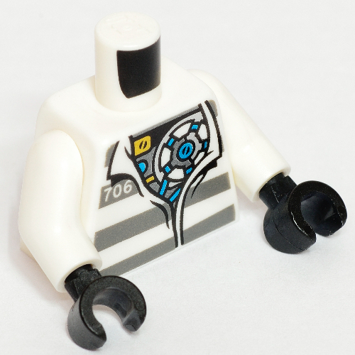 Lego Torso Prison Shirt with Dark Bluish Gray Stripes, Open Shirt with '706' over Mechanical Body / Black Shoulder Blade Lines on Back Print, White Arms, Black Hands / White