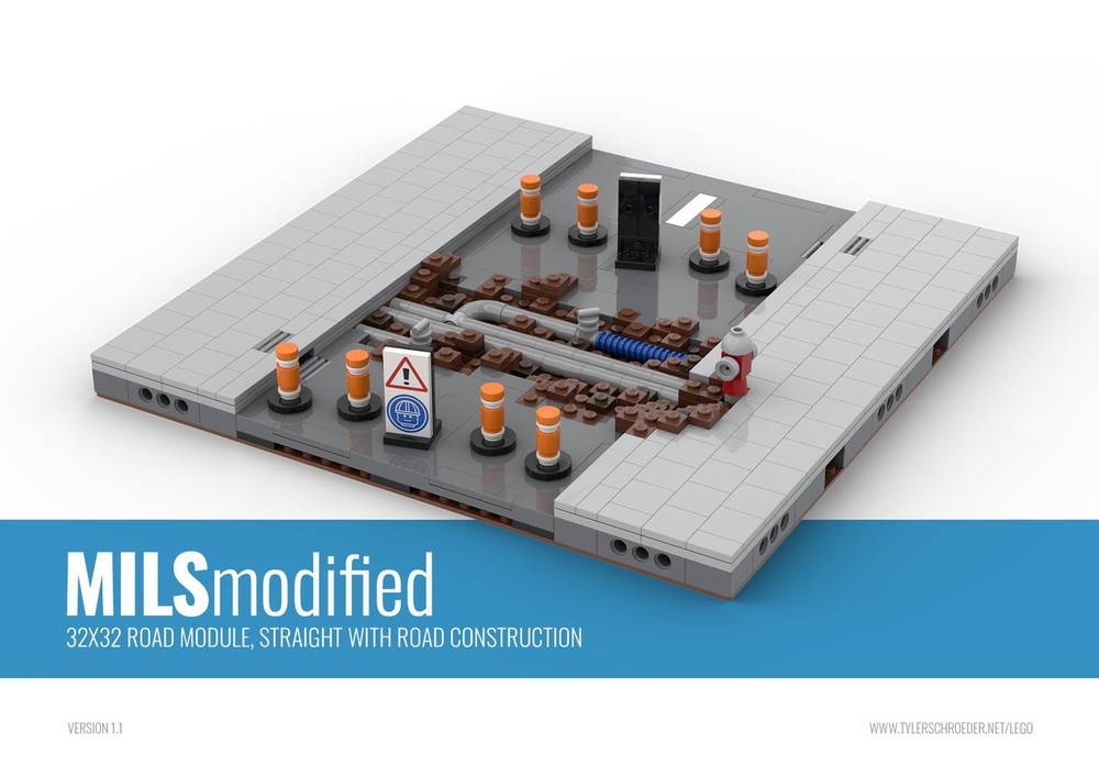 Lego MILS Modified 32x32 Road Module, Straight with Road Construction