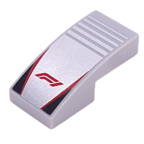Lego Brick Curved 2 x 1 No Studs with Red 'F1', Red Lines, Black Triangles on Silver Striped Background print / Light Bluish Gray