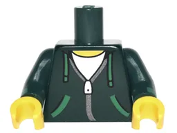 Torso Hoodie with Green Ties and Pockets, Silver Zipper over White Shirt Pattern / Dark Green Arms with Green Cuffs Pattern / Yellow Hands