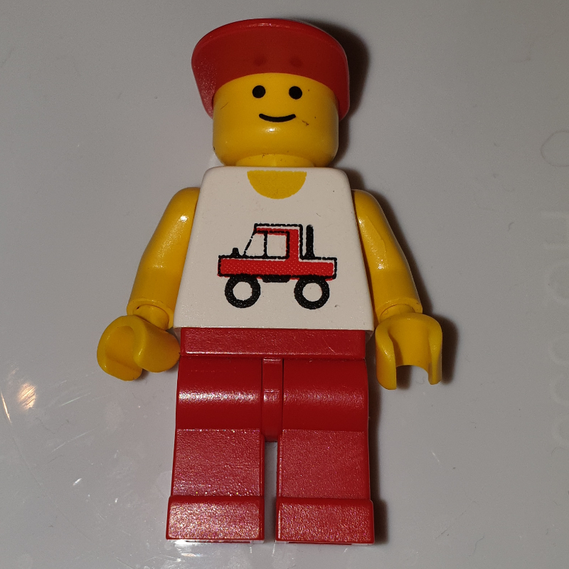 Lego Man, White Vest with Truck, Red Legs, Red Cap