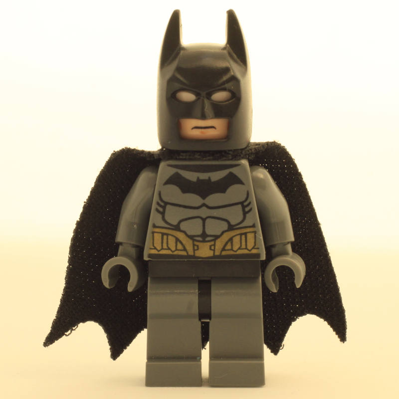 Lego Batman, Dark Bluish Gray Suit, Black Cape and Cowl, Light Nougat Head, Black Hips, Muscle Outline
