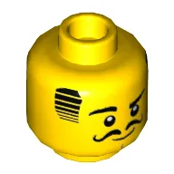 Minifig Head, Black Hair, Eyebrows, Eyes, and Moustache, Raised Right Eyebrow Print / Yellow