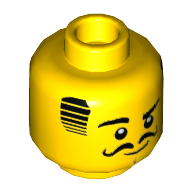 Lego Minifig Head, Black Hair, Eyebrows, Eyes, and Moustache, Raised Right Eyebrow Print / Yellow
