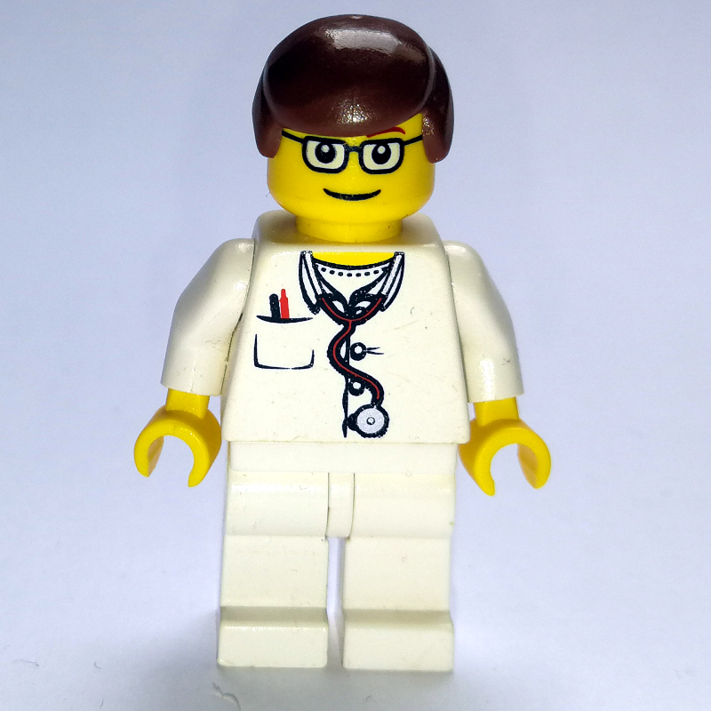 Lego Doctor, White Torso with Stethoscope and Pocket, White Legs, Reddish Brown Hair, Glasses