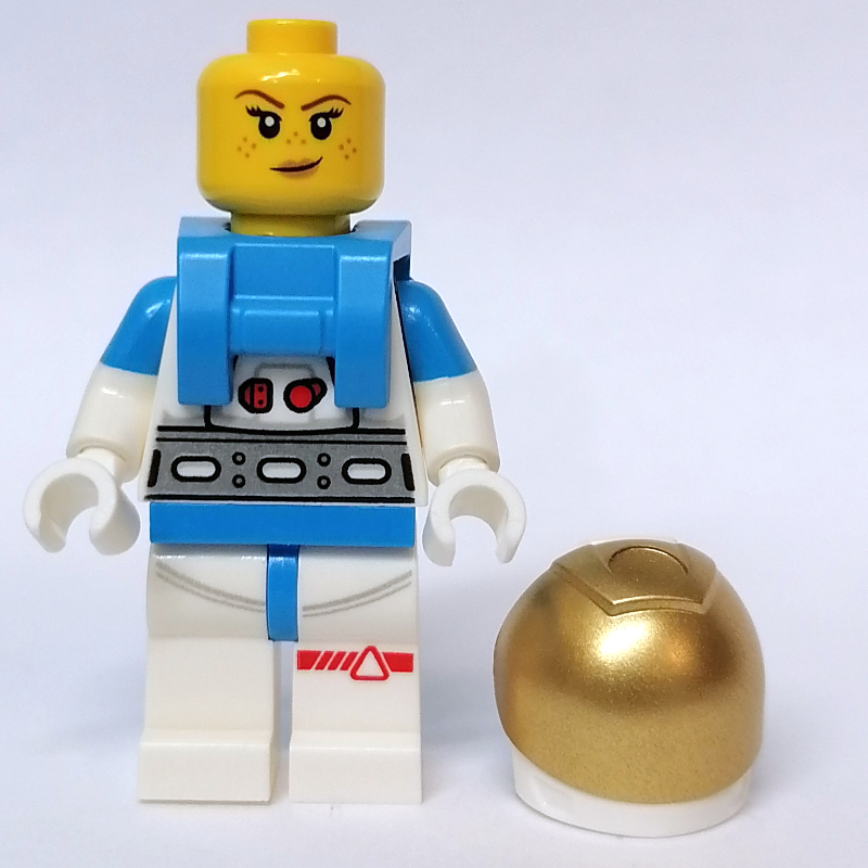 Lego Astronaut, Female, White Suit, Gold Visor, Closed Mouth