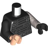 Lego Torso, Odd Arms and Hands, Black Straps print, Left Flat Silver Arm and Black Hand, Right Black Arm and Light Nougat Hand / Black