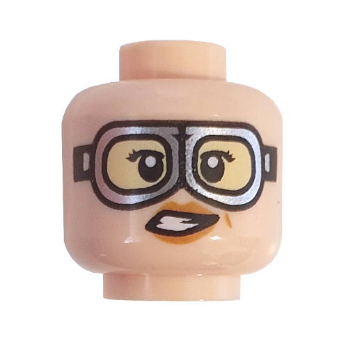 Lego Minifig Head Jillian Holtzmann, Dark Tan Eyebrows, Smile / Silver Goggles Print / Light Nougat