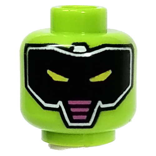 Lego Minifig Head Robot, Black Visor, Lime Eyes, Red Triangle in Back print / Lime