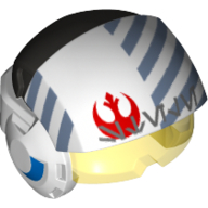 Lego Helmet with Visor Rebel Pilot, Raised Front, Trans-Yellow Visor, Red Rebel Logo, Alien Letter Print / White