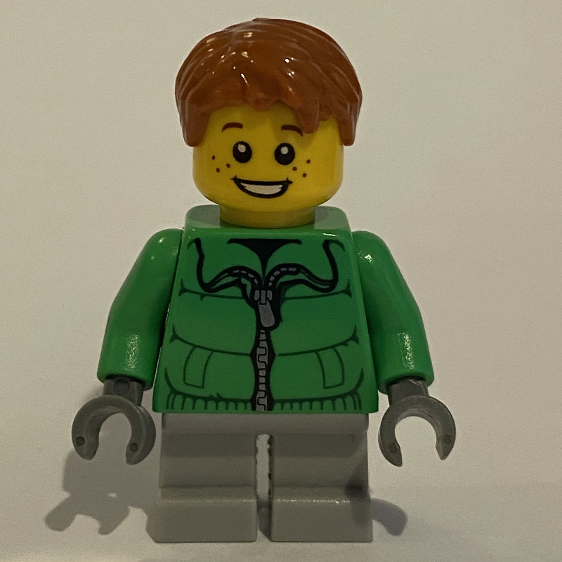 Lego Boy, Green Jacket, Short Light Bluish Gray Legs, Dark Orange Hair