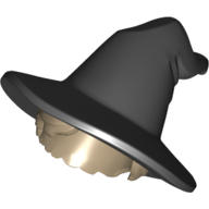 Lego Hair and Hat, Floppy Witch Hat, Short Hair, Dark Tan Pattern / Black