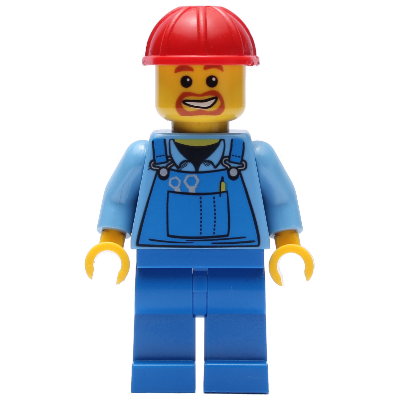 Lego Construction Worker, Blue Overalls over Medium Blue Shirt, Red Hard Hat, Goatee Beard