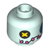 Lego Minifig Head Scrump, Black/Dark Turquoise Button for Eyes, Black Mouth with Dark Pink Stitches / Light Aqua