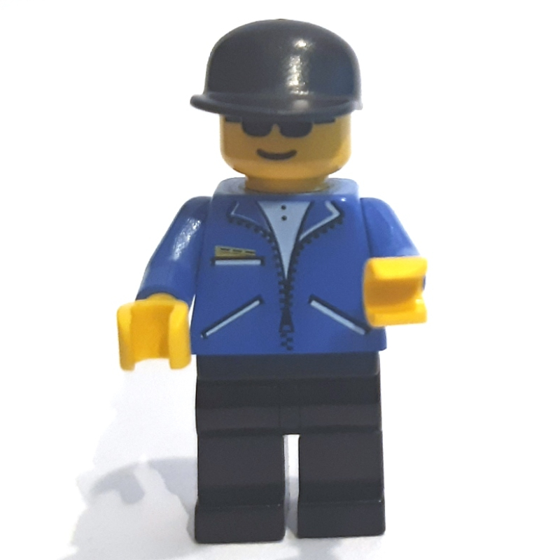 Lego Man, Blue Jacket with Zipper, Black Legs, Black Cap, Sunglasses
