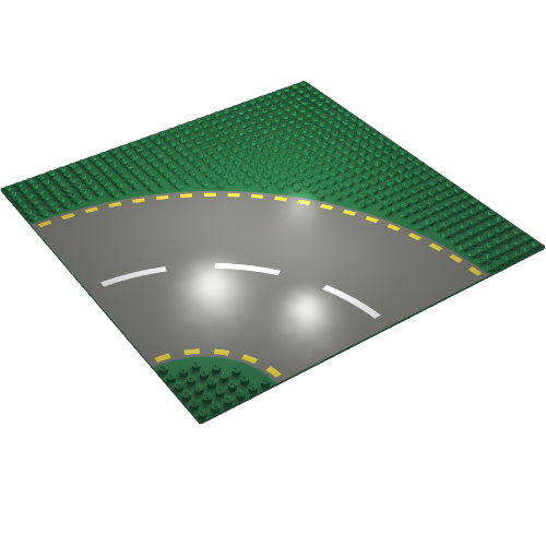 Lego Baseplate 32 x 32 with 6-Stud Curve with Dark Gray Road with Yellow Dashed Lines Print / Green