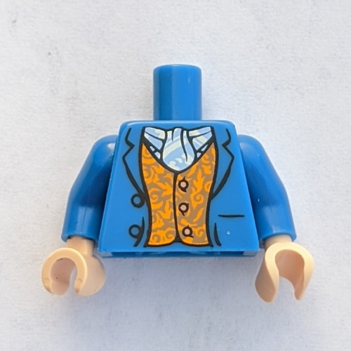 Lego Torso Coat with Orange Vest, Buttons, White/Light Blue Scarf Print (Bilbo Baggins), Blue Arms, Light Nougat Hands / Blue