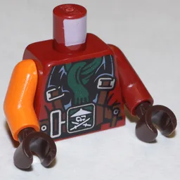 Torso, Odd Arms, Jacket with Harness, Ninja Skull with Crossed Swords, Dark Green Scarf Print, Left Dark Red Arm, Right Orange Arm, Dark Brown Hands / Dark Red