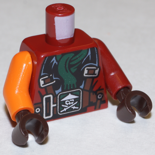 Lego Torso, Odd Arms, Jacket with Harness, Ninja Skull with Crossed Swords, Dark Green Scarf Print, Left Dark Red Arm, Right Orange Arm, Dark Brown Hands / Dark Red